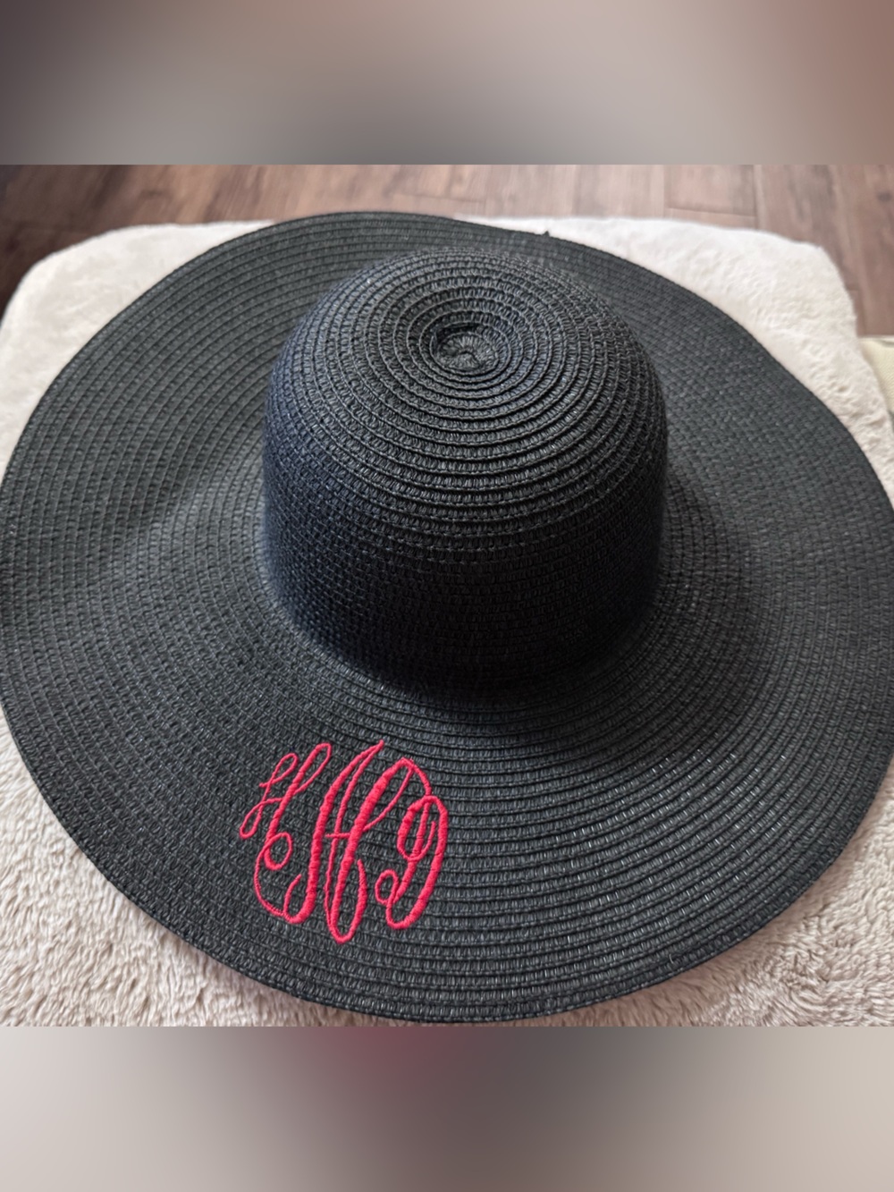 Black Wide-Brim Straw Sun Hat with Pink Monogram